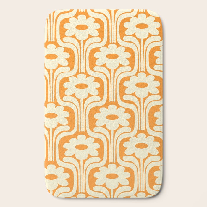 70s Orange Flower Pattern Bath Mat