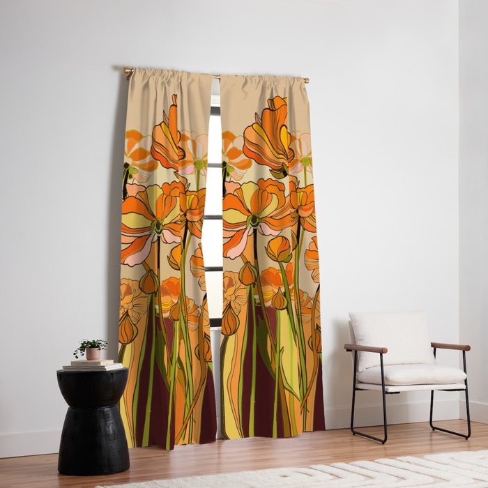70s, Orange California poppies, mid century, 70s retro, flowers Window Curtain