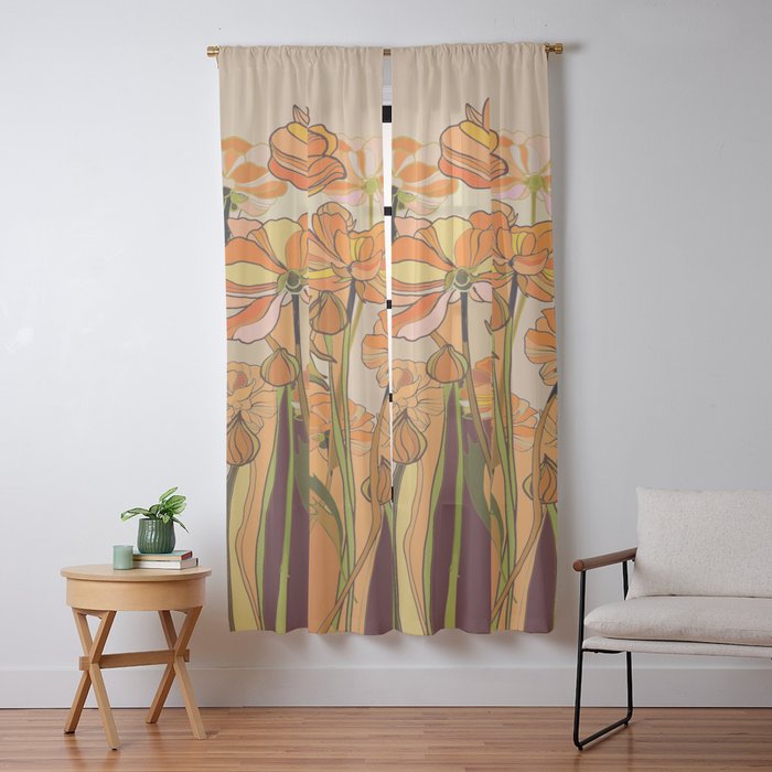 70s, Orange California poppies, mid century, 70s retro, flowers Window Curtain