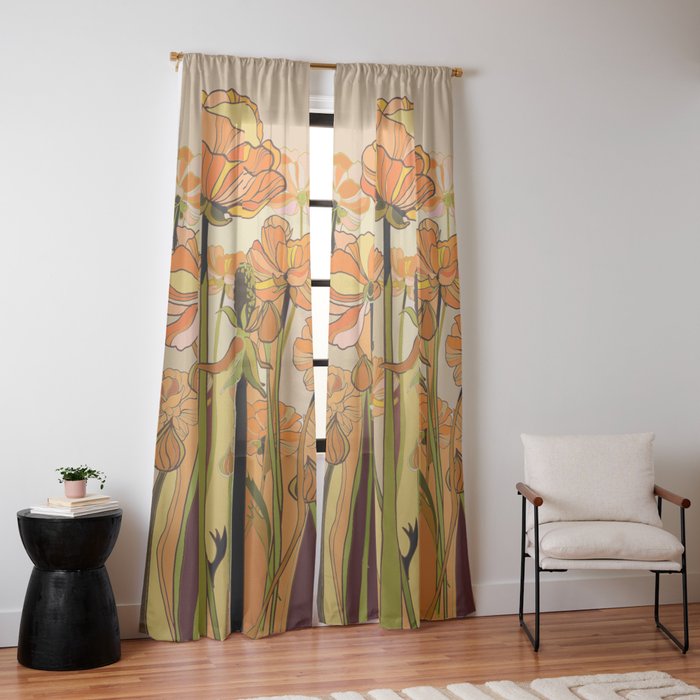 70s, Orange California poppies, mid century, 70s retro, flowers Window Curtain