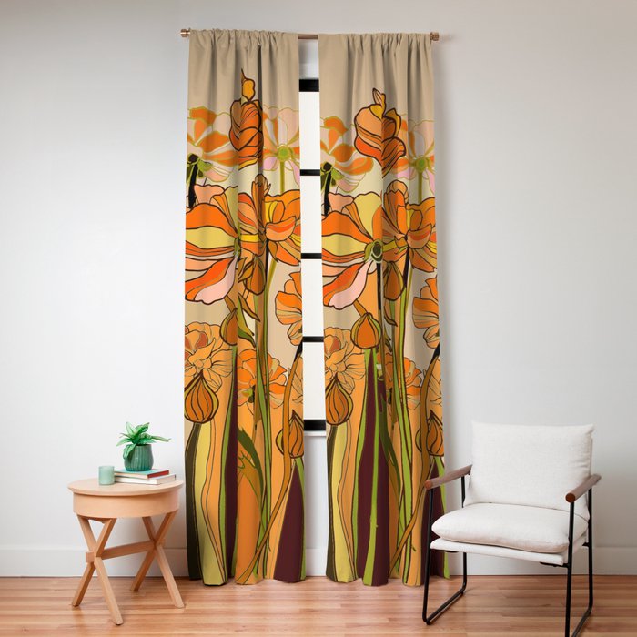 70s, Orange California poppies, mid century, 70s retro, flowers Window Curtain