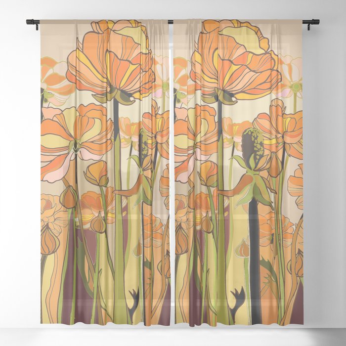 70s, Orange California poppies, mid century, 70s retro, flowers Window Curtain
