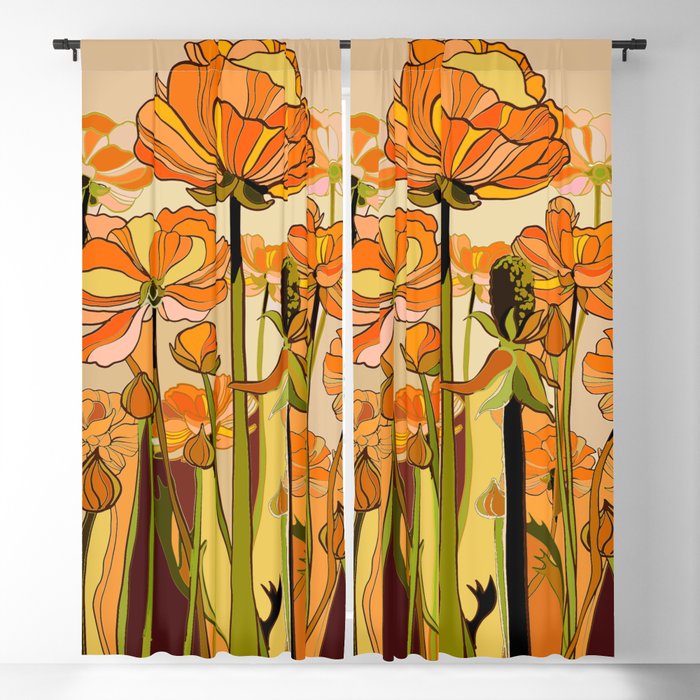 70s, Orange California poppies, mid century, 70s retro, flowers Window Curtain