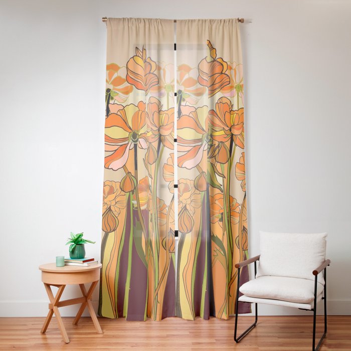 70s, Orange California poppies, mid century, 70s retro, flowers Window Curtain