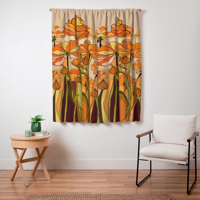 70s, Orange California poppies, mid century, 70s retro, flowers Window Curtain