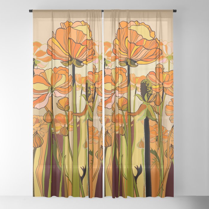 70s, Orange California poppies, mid century, 70s retro, flowers Window Curtain