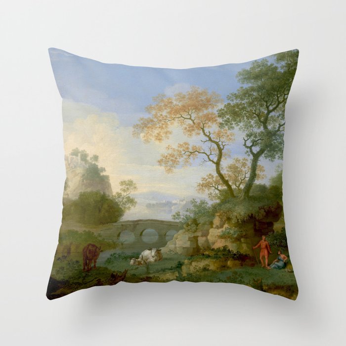 A Landscape with Distant Classical Ruins, a Bridge, Figures, and Cattle Throw Pillow