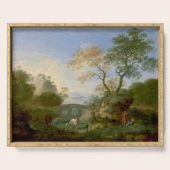 A Landscape with Distant Classical Ruins, a Bridge, Figures, and Cattle Serving Tray
