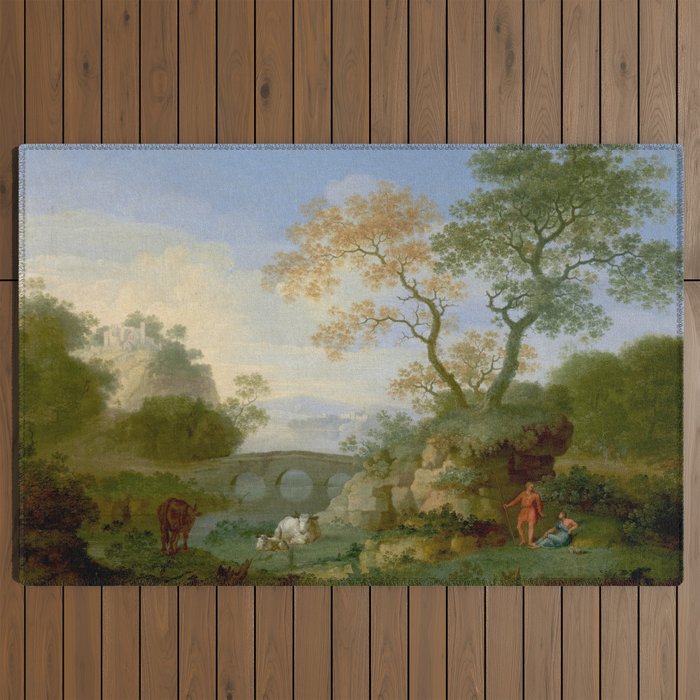 A Landscape with Distant Classical Ruins, a Bridge, Figures, and Cattle Outdoor Rug