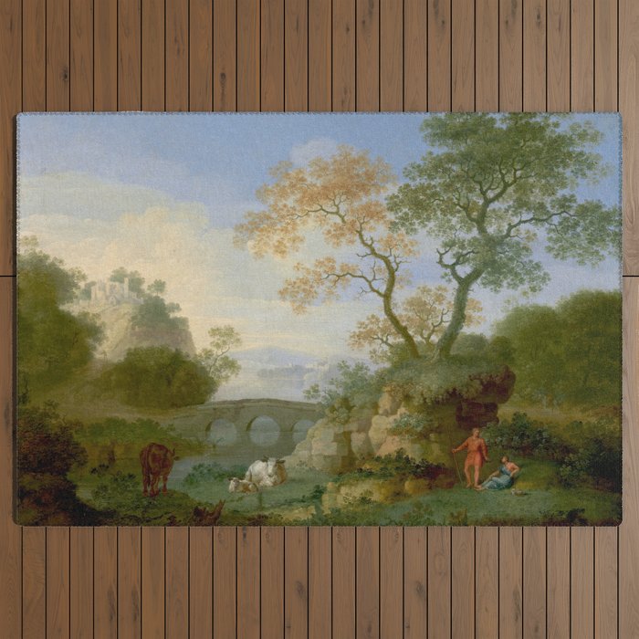 A Landscape with Distant Classical Ruins, a Bridge, Figures, and Cattle Outdoor Rug
