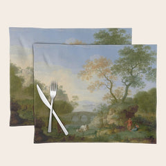 A Landscape with Distant Classical Ruins, a Bridge, Figures, and Cattle Placemat