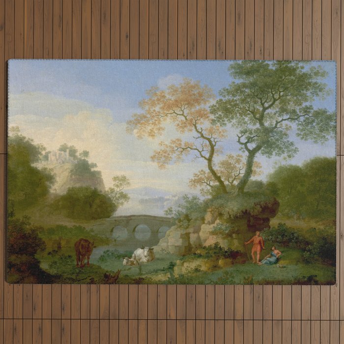 A Landscape with Distant Classical Ruins, a Bridge, Figures, and Cattle Outdoor Rug