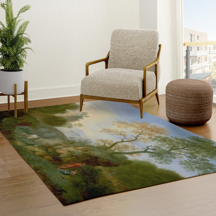 A Landscape with Distant Classical Ruins, a Bridge, Figures, and Cattle Rug