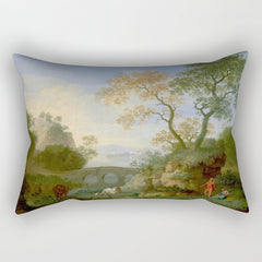 A Landscape with Distant Classical Ruins, a Bridge, Figures, and Cattle Rectangular Pillow