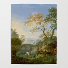 A Landscape with Distant Classical Ruins, a Bridge, Figures, and Cattle Poster
