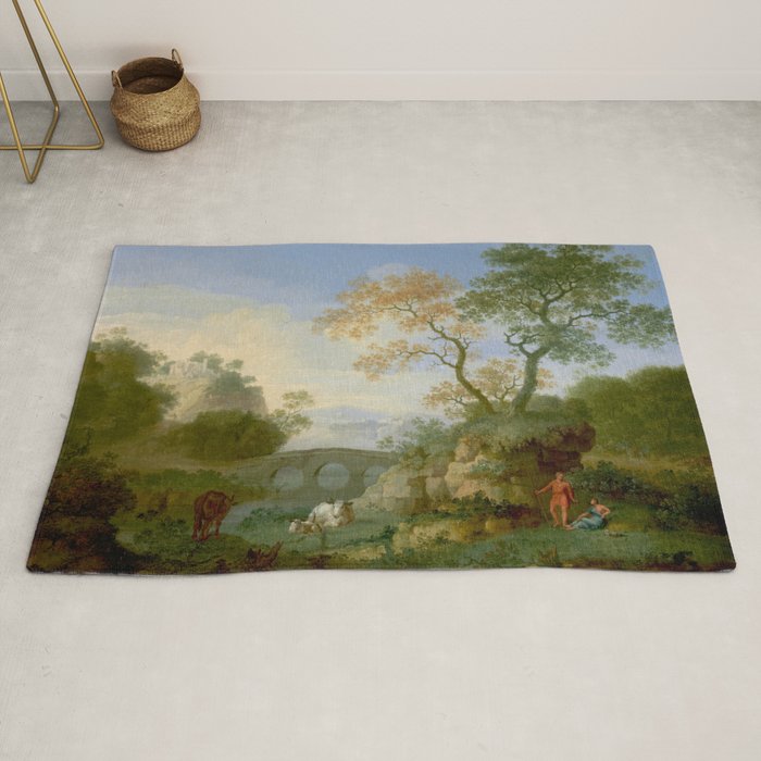 A Landscape with Distant Classical Ruins, a Bridge, Figures, and Cattle Rug