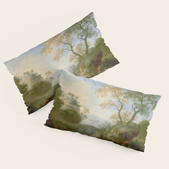 A Landscape with Distant Classical Ruins, a Bridge, Figures, and Cattle Pillow Sham