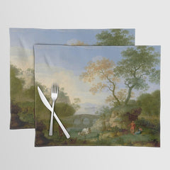 A Landscape with Distant Classical Ruins, a Bridge, Figures, and Cattle Placemat