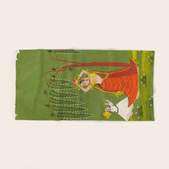 A female attendant is standing in tribhanga pose under a tree. A small child vies for her attention. Bath Towel
