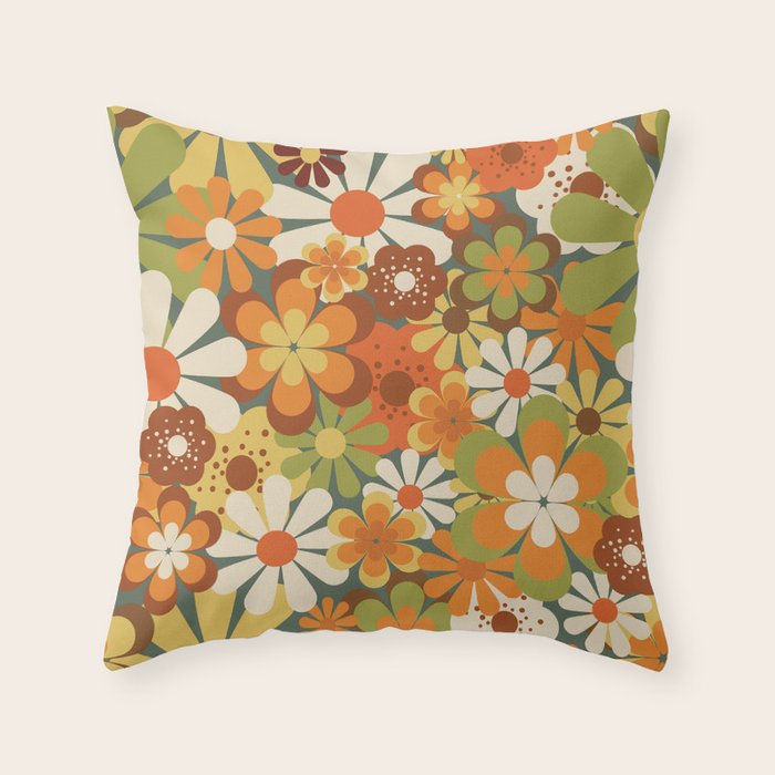 70's Retro Flowers Print Throw Pillow