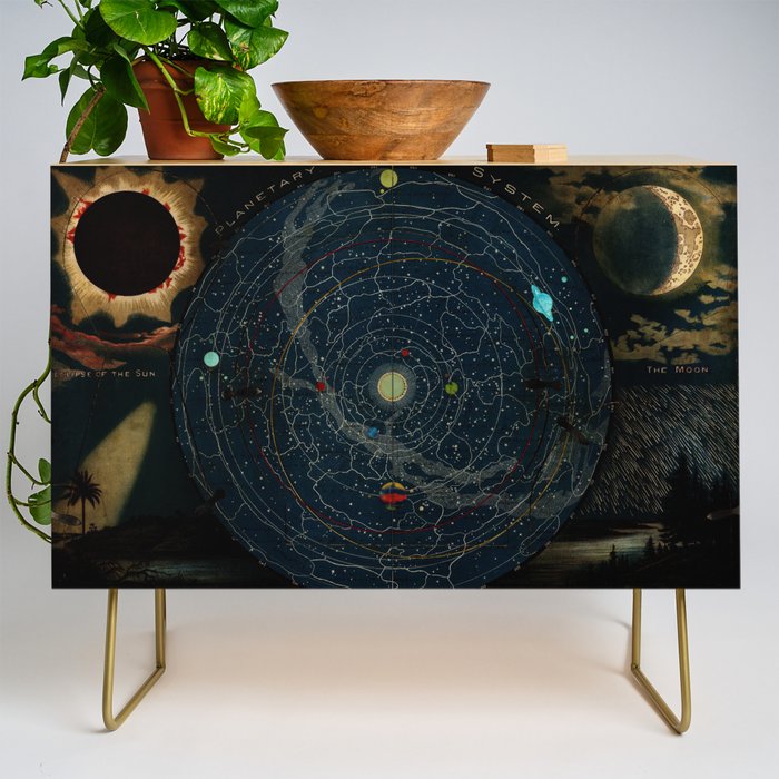 "Planetary System, Eclipse of the Sun, the Moon, the Zodiacal Light, Meteoric Shower" by Levi Walter Yaggi, 1887 Credenza