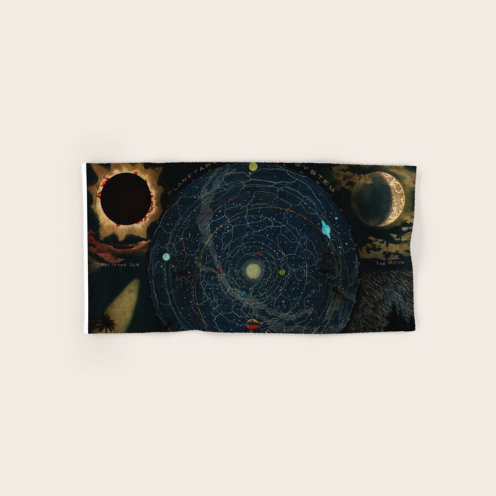 "Planetary System, Eclipse of the Sun, the Moon, the Zodiacal Light, Meteoric Shower" by Levi Walter Yaggi, 1887 Bath Towel