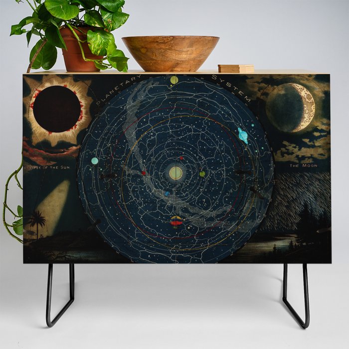 "Planetary System, Eclipse of the Sun, the Moon, the Zodiacal Light, Meteoric Shower" by Levi Walter Yaggi, 1887 Credenza