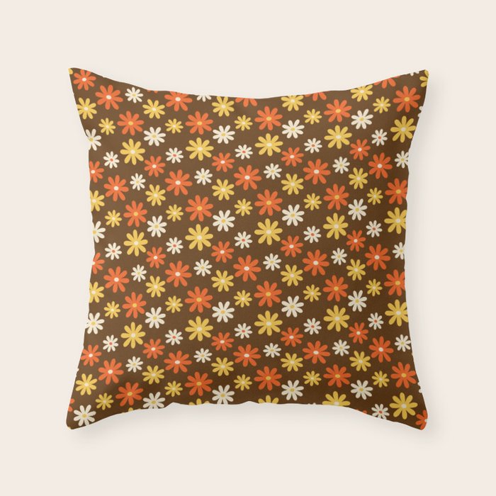 1970s flowers brown and orange Throw Pillow
