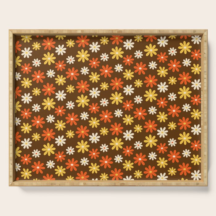 1970s flowers brown and orange Serving Tray