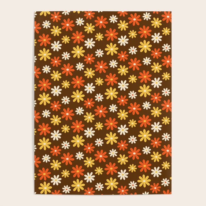 1970s flowers brown and orange Poster