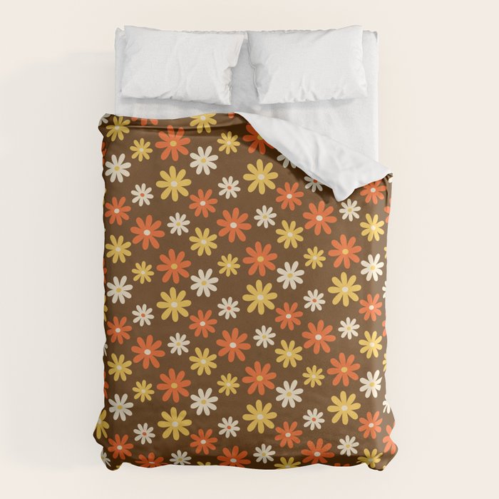 1970s flowers brown and orange Duvet Cover