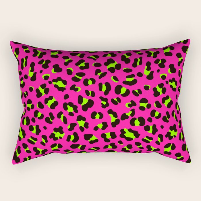 80s Neon Pink and Lime Green Leopard Rectangular Pillow