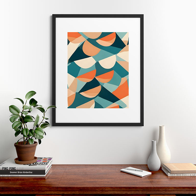 1/4 Cut, Abstract Fresh Fruits Citrus, Orange Lemon Illustration Scandinavian, Pastel Geometric Shapes eclectic Contemporary Modern Boho Framed Art Print