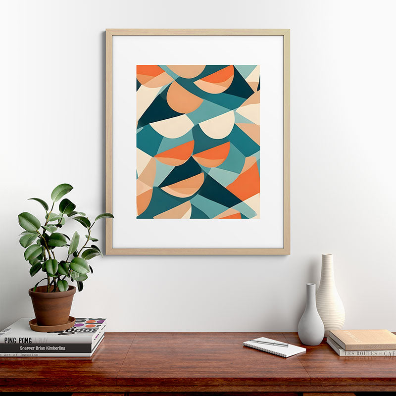 1/4 Cut, Abstract Fresh Fruits Citrus, Orange Lemon Illustration Scandinavian, Pastel Geometric Shapes eclectic Contemporary Modern Boho Framed Art Print