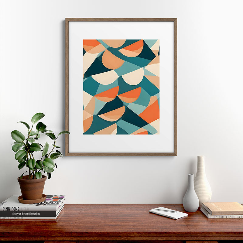 1/4 Cut, Abstract Fresh Fruits Citrus, Orange Lemon Illustration Scandinavian, Pastel Geometric Shapes eclectic Contemporary Modern Boho Framed Art Print