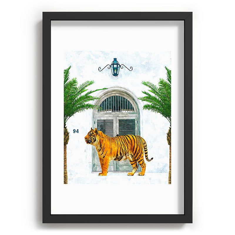 94 Tropical, Greece Architecture Buildings Tiger Wild Cat Watercolor Palm Travel Bohemian Painting Framed Art Print