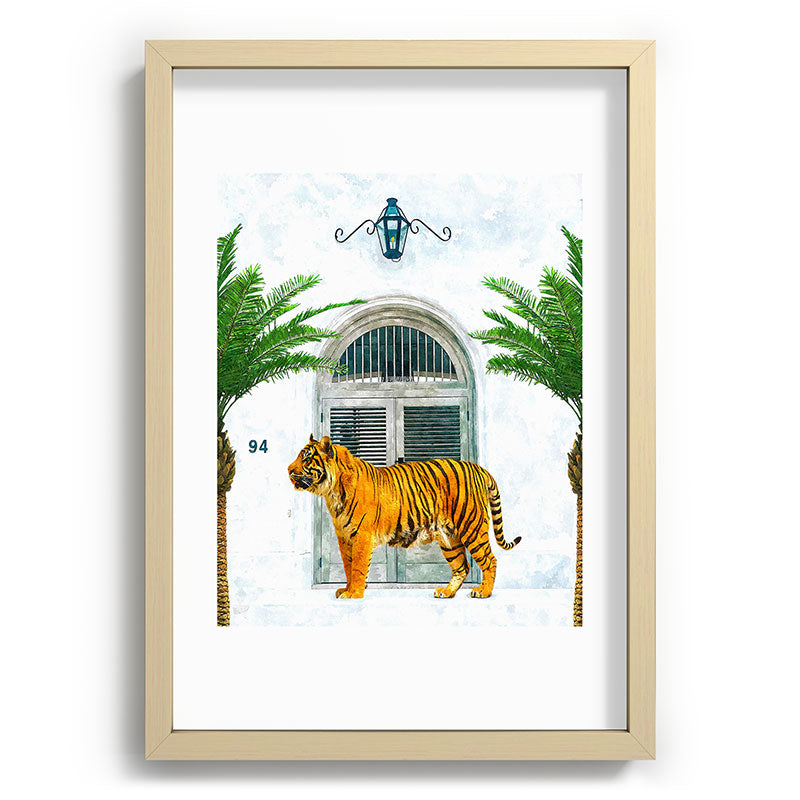 94 Tropical, Greece Architecture Buildings Tiger Wild Cat Watercolor Palm Travel Bohemian Painting Framed Art Print