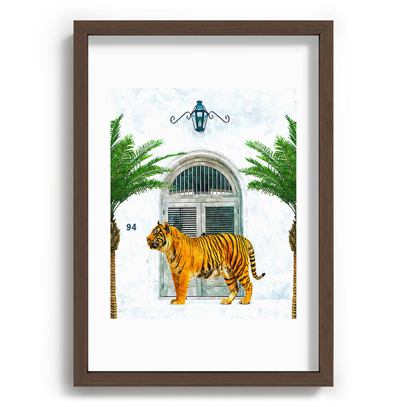 94 Tropical, Greece Architecture Buildings Tiger Wild Cat Watercolor Palm Travel Bohemian Painting Framed Art Print