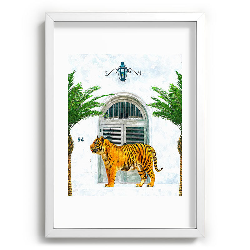 94 Tropical, Greece Architecture Buildings Tiger Wild Cat Watercolor Palm Travel Bohemian Painting Framed Art Print