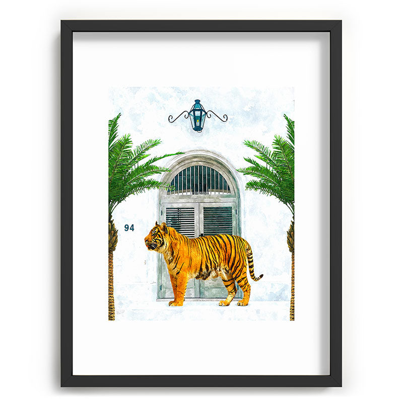 94 Tropical, Greece Architecture Buildings Tiger Wild Cat Watercolor Palm Travel Bohemian Painting Framed Art Print