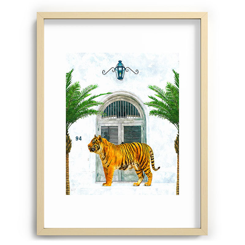 94 Tropical, Greece Architecture Buildings Tiger Wild Cat Watercolor Palm Travel Bohemian Painting Framed Art Print