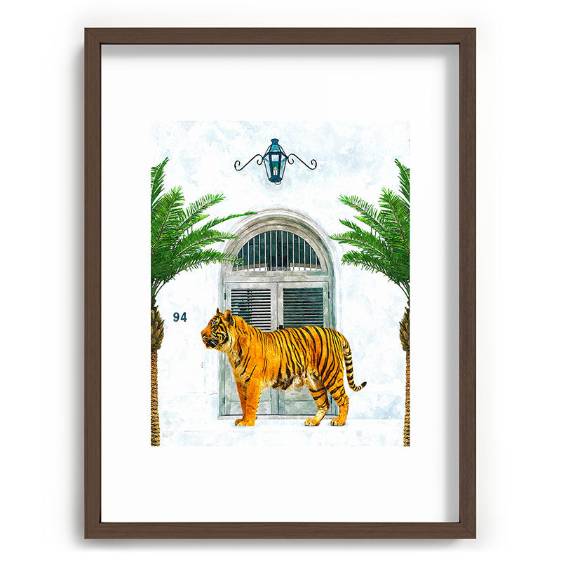 94 Tropical, Greece Architecture Buildings Tiger Wild Cat Watercolor Palm Travel Bohemian Painting Framed Art Print