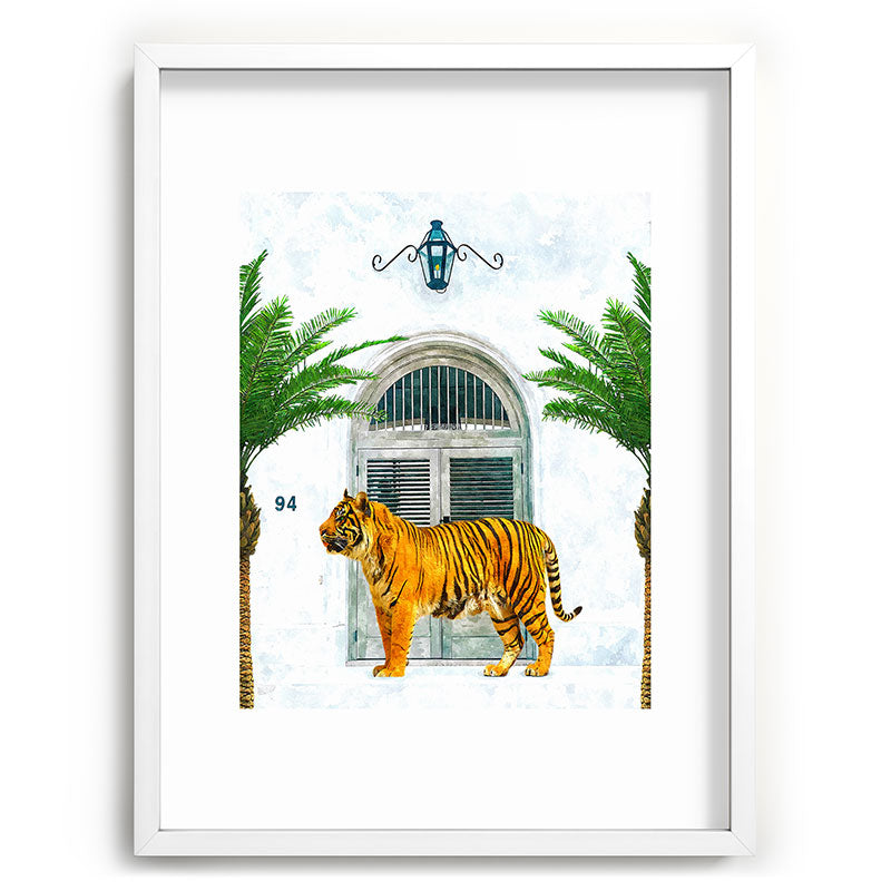 94 Tropical, Greece Architecture Buildings Tiger Wild Cat Watercolor Palm Travel Bohemian Painting Framed Art Print