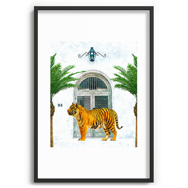 94 Tropical, Greece Architecture Buildings Tiger Wild Cat Watercolor Palm Travel Bohemian Painting Framed Art Print