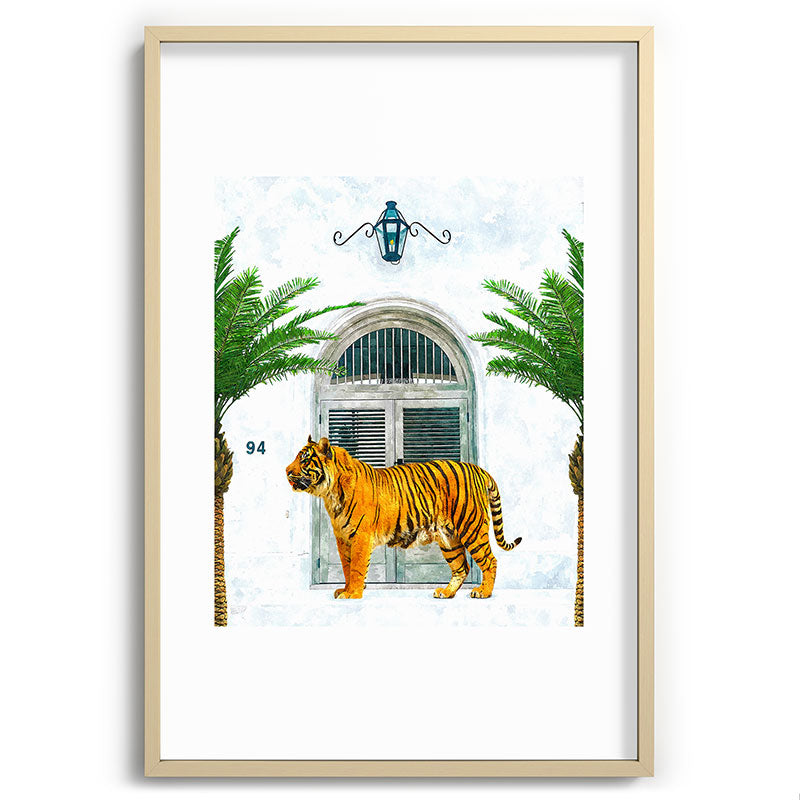 94 Tropical, Greece Architecture Buildings Tiger Wild Cat Watercolor Palm Travel Bohemian Painting Framed Art Print