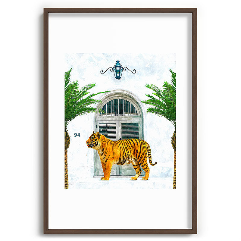 94 Tropical, Greece Architecture Buildings Tiger Wild Cat Watercolor Palm Travel Bohemian Painting Framed Art Print