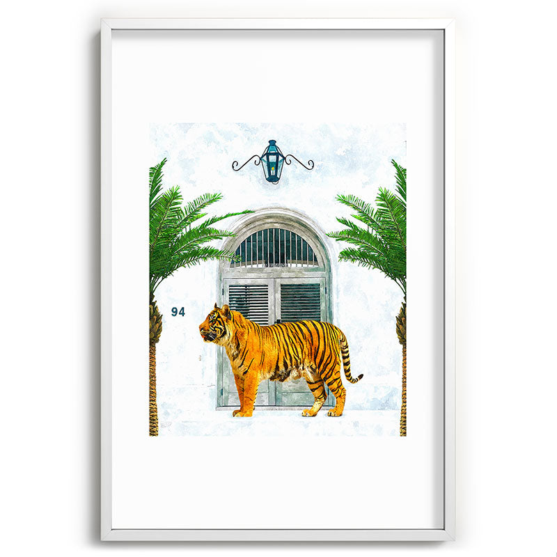 94 Tropical, Greece Architecture Buildings Tiger Wild Cat Watercolor Palm Travel Bohemian Painting Framed Art Print