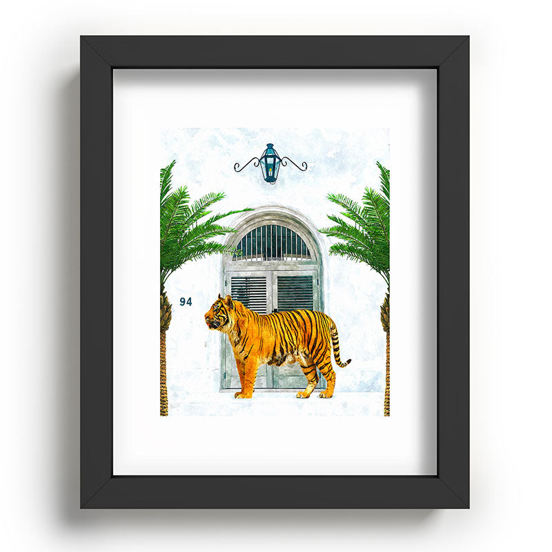 94 Tropical, Greece Architecture Buildings Tiger Wild Cat Watercolor Palm Travel Bohemian Painting Framed Art Print