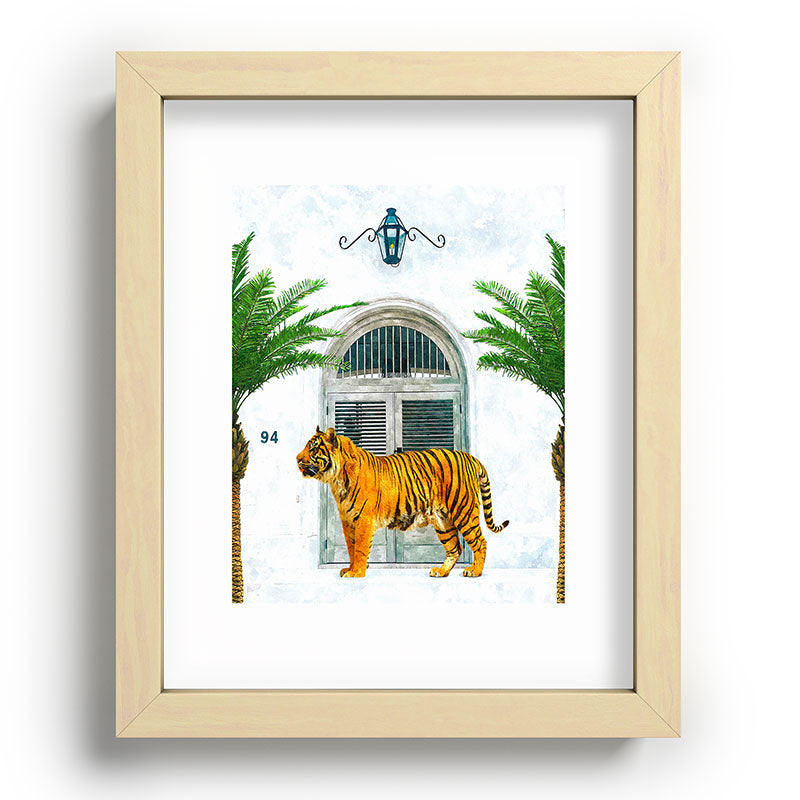 94 Tropical, Greece Architecture Buildings Tiger Wild Cat Watercolor Palm Travel Bohemian Painting Framed Art Print
