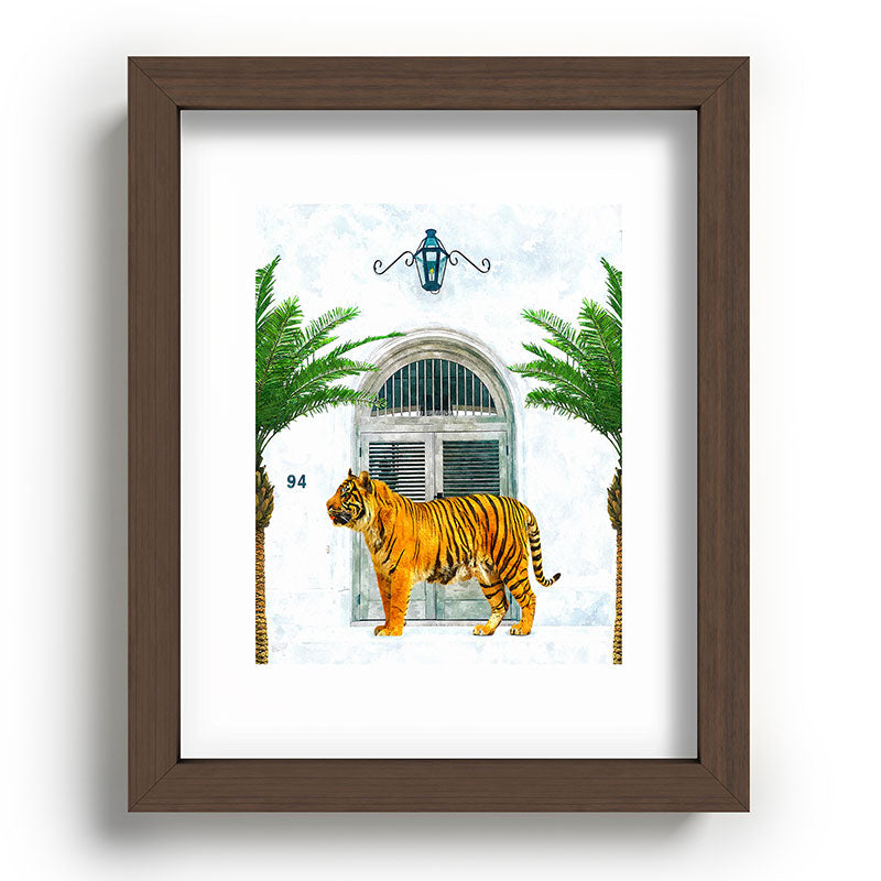 94 Tropical, Greece Architecture Buildings Tiger Wild Cat Watercolor Palm Travel Bohemian Painting Framed Art Print